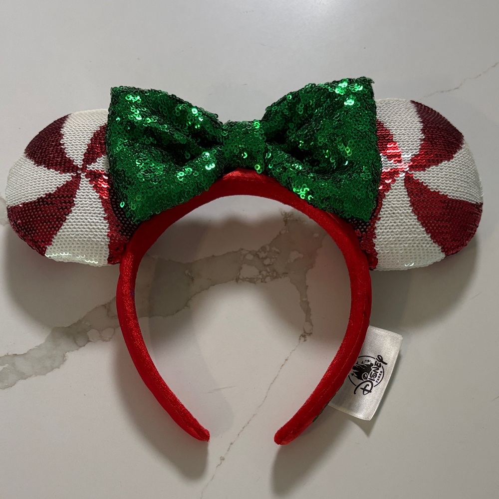 Disney Red & Green Sequin Candy Cane Minnie Ears Headband